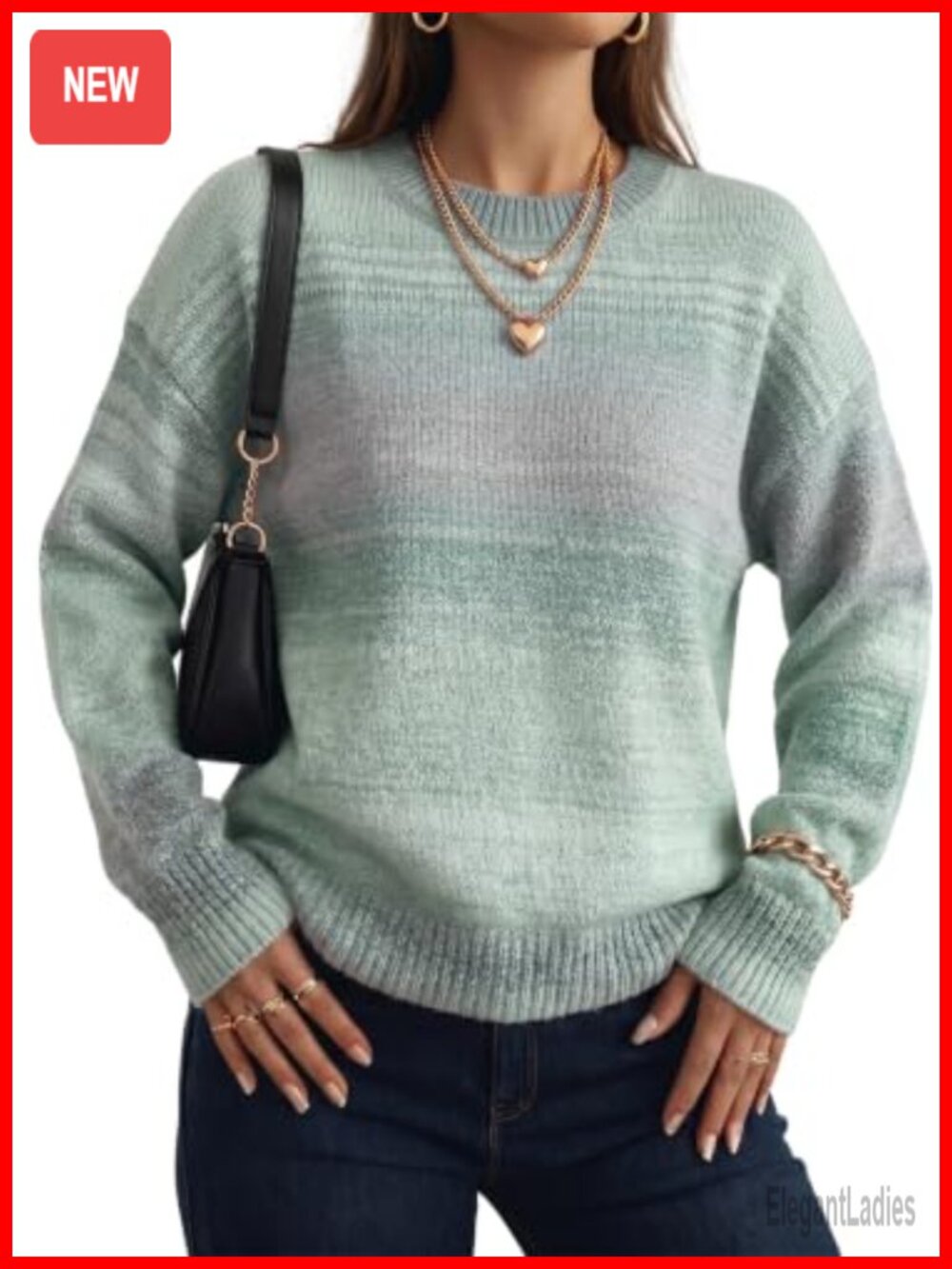 Womens Comfy Long Sleeve Knit Gradient Crewneck Pullover Sweater